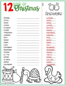 Keep kids engaged this holiday season with a 12 Days of Christmas word scramble! This free printable is great for practicing spelling and having festive fun. Use it for easy and educational holiday activities. Save this pin for ready-to-use holiday word scrambles!