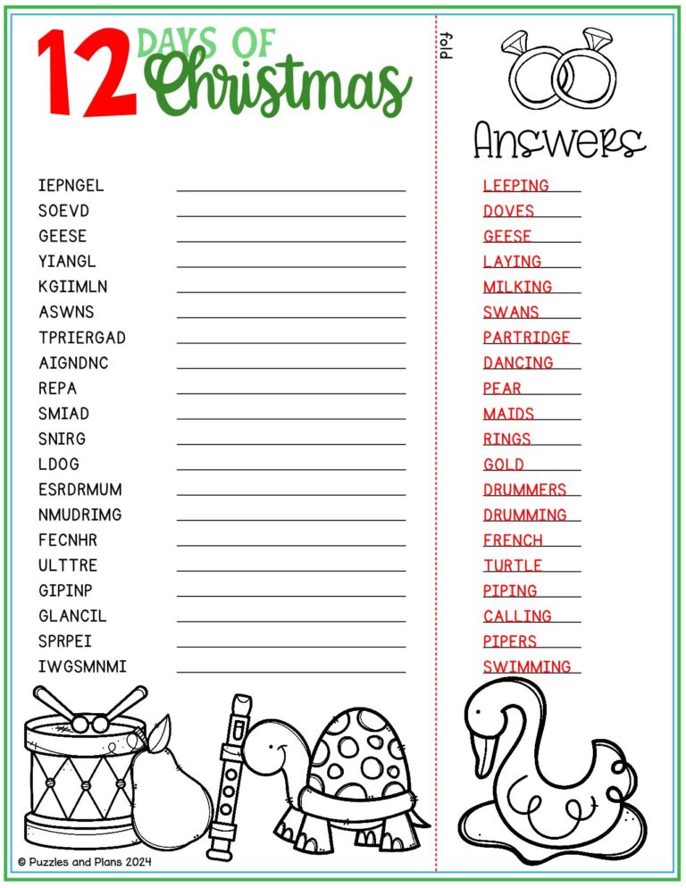 Keep kids engaged this holiday season with a 12 Days of Christmas word scramble! This free printable is great for practicing spelling and having festive fun. Use it for easy and educational holiday activities. Save this pin for ready-to-use holiday word scrambles!